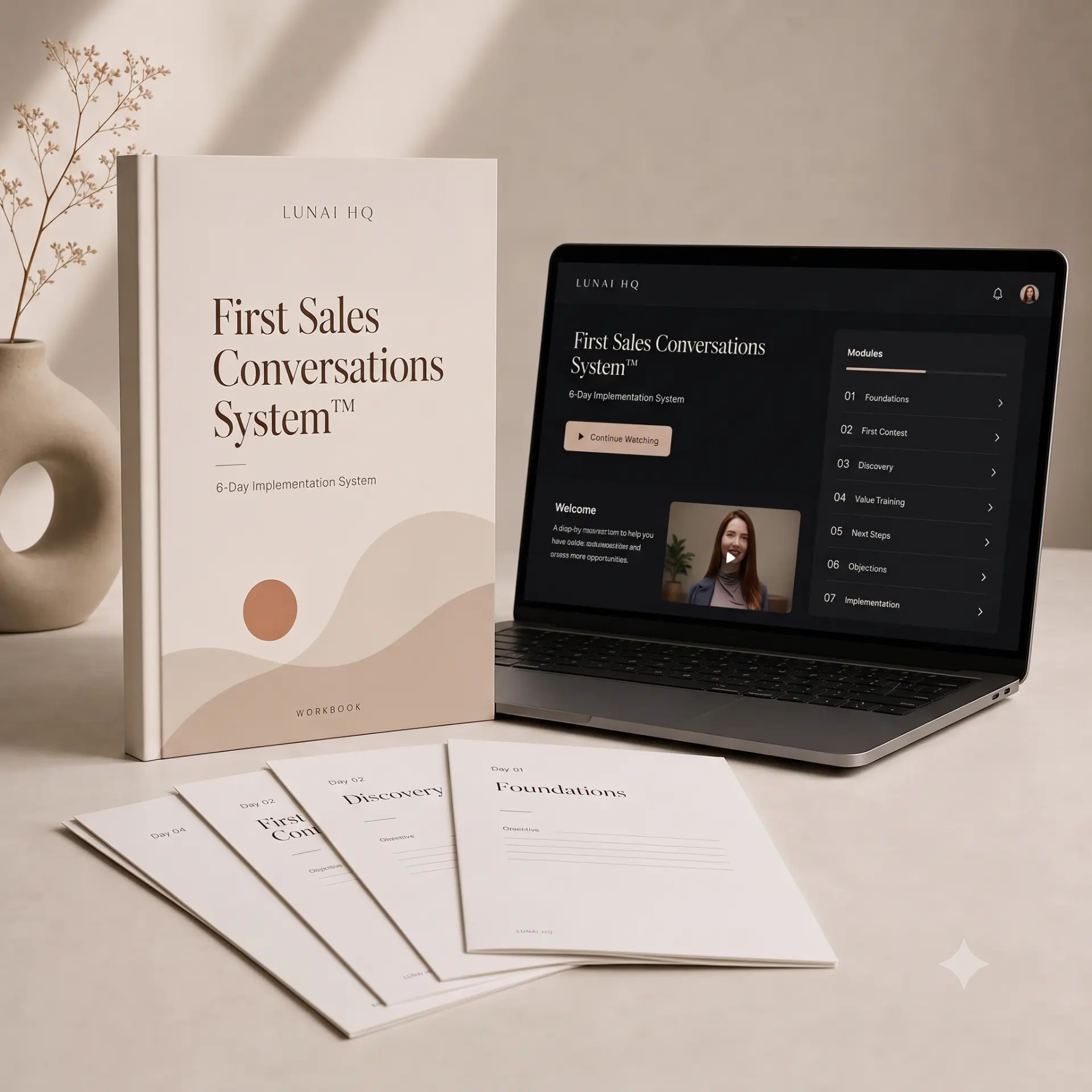 First Sales Conversations System 6-day implementation kit with workbook, video lessons and daily worksheets